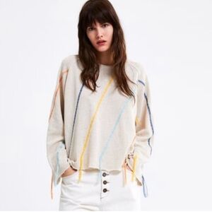 Zara knit sweater sweatshirt with fringe stitched embroidered Boho Crunchy